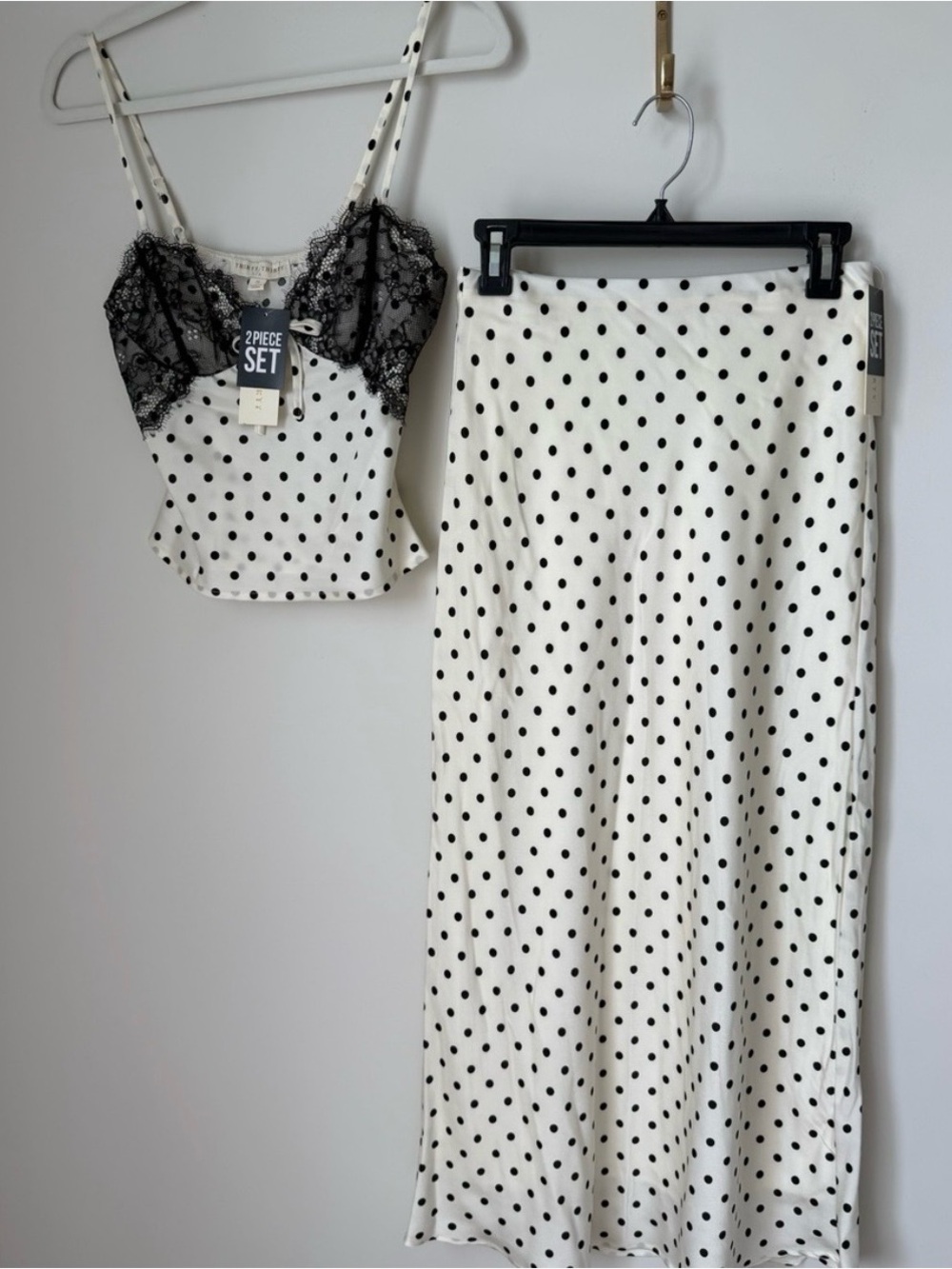 Cream black Polka Dot midi Skirt and tank top two piece Set with Lace Trim